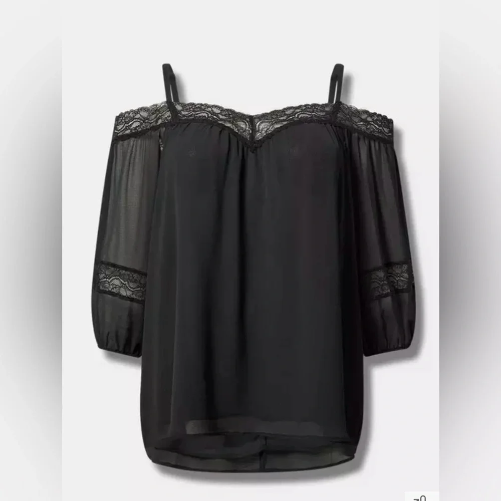 Torrid Elegant Women's Chiffon Black Off-Shoulder 3/4 Sleeve Lace Top Blouse, NW - Picture 3 of 13